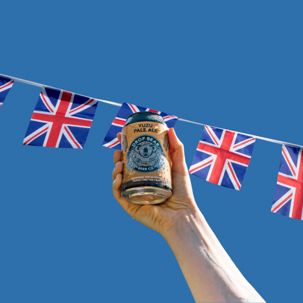 non alcoholic beer, yuzu pale ale against a backdrop of union jack bunting
